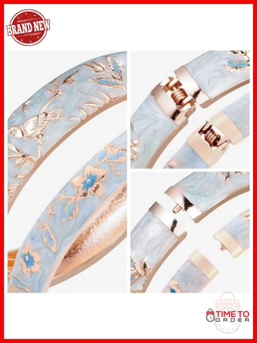 Enamel Bird Floral Spring Hinged Bangle Bracelet Crystal Rhinestone Alloy